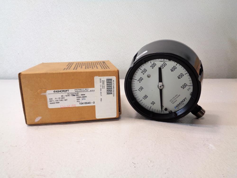 Lot of (2) Ashcroft Duragage 4.5" Liq. Filled Gauge 500 PSI 45-1279-SSL-04L-500#